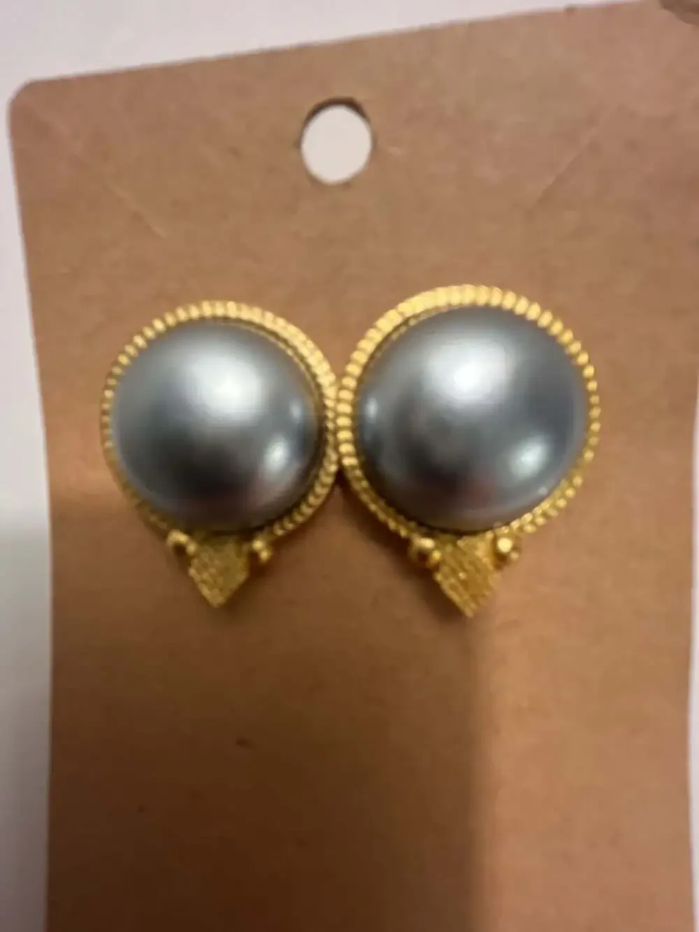 Vintage Nolan Miller Faux Gray Pearl Gold Tone Stud Earrings